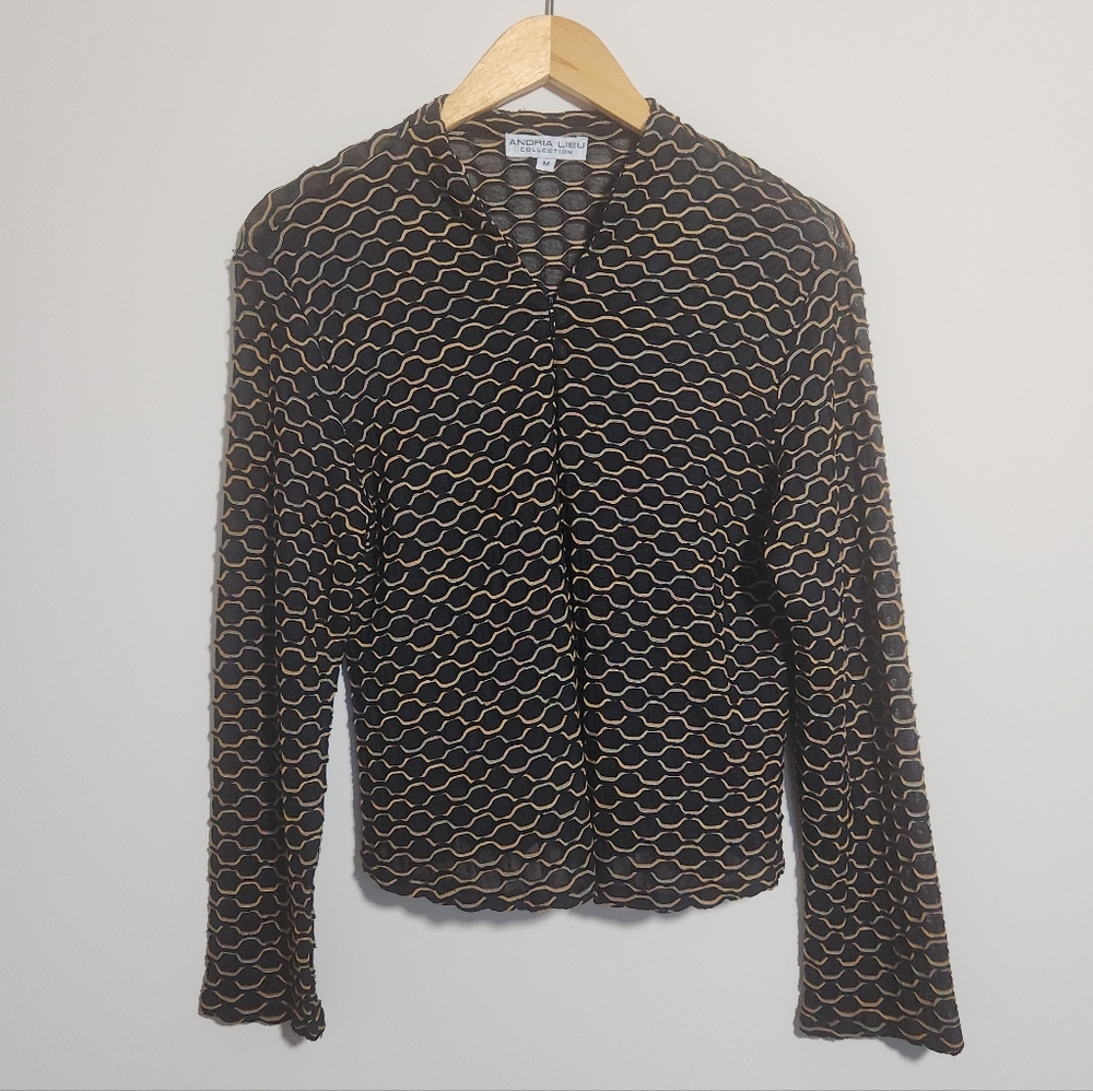 Andria Lieu Collection Quarter Zip Blouse Black Multi Textured Sheer M